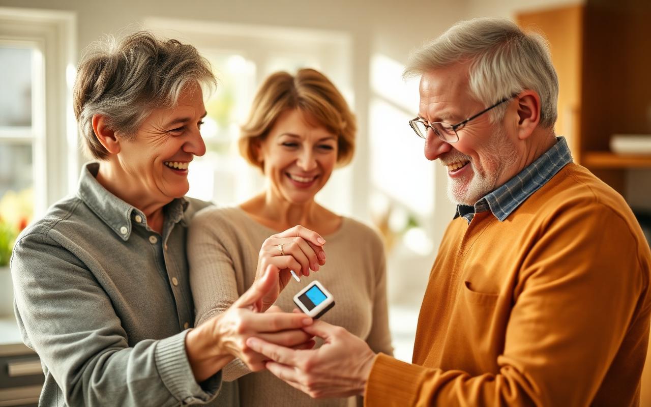A healthy couple checking a glucose monitor at home